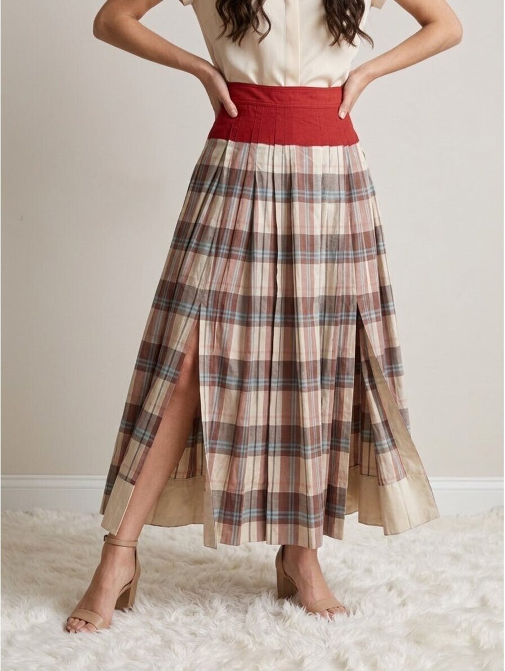 Tory Burch Silk Cotton Plaid Pleated Maxi Skirt Italy 🇮🇹 Size 4